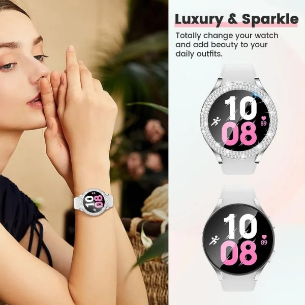 Case till Samsung Galaxy Watch 4 5 6 40 mm 44 mm Case Plast hård stötfångare rad diamantbelagt glänsande cover utan glas Pink For Galaxy Watch4 44