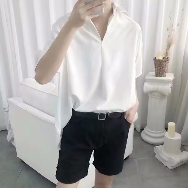 Sommar Tunn Topp Koreansk Stil Loose Casual Kortärmade Skjorta Mäns Trendy Höggradig Draping Icke-Järng Trend Black XL