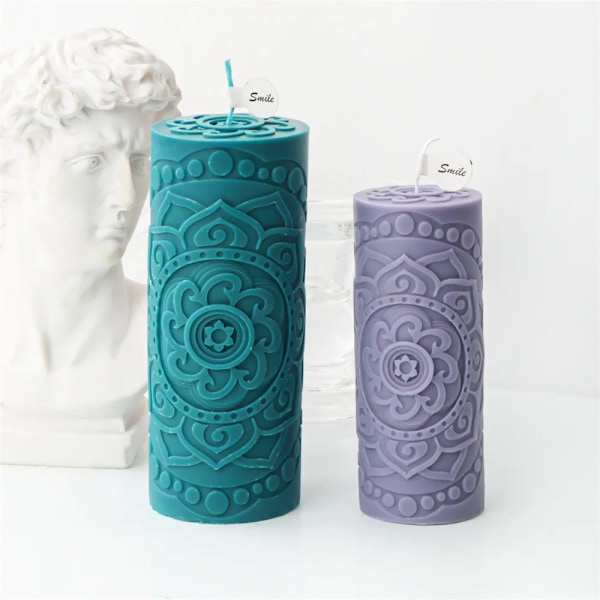 Sol Måne Relief Skulptur Cylinder Romersk Søjle Lys Silikonform Solblomst Mønster Cylinder Lysform Harpiks Gipsform 2pcs set new mold