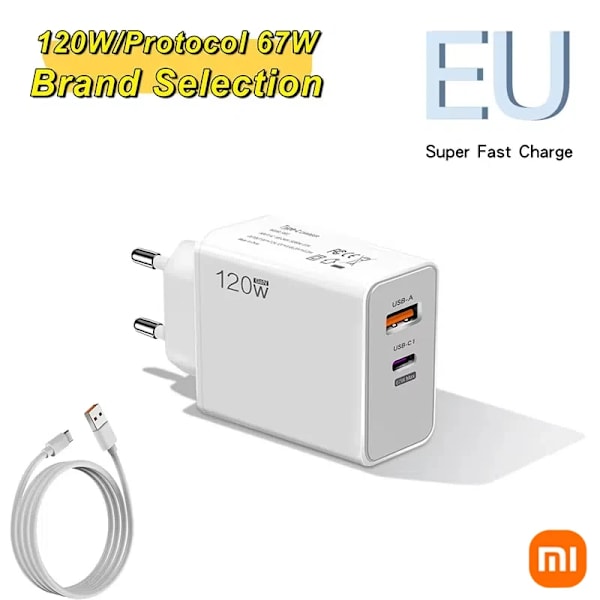 Xiaomi 120W Snabb Laddare Usb Typ C Pd Kabel Eu Hyperladdning Snabbladdning 3.0 Adapter För Samsung Oneplus Pixels Mobiltelefoner EU Charger Cable