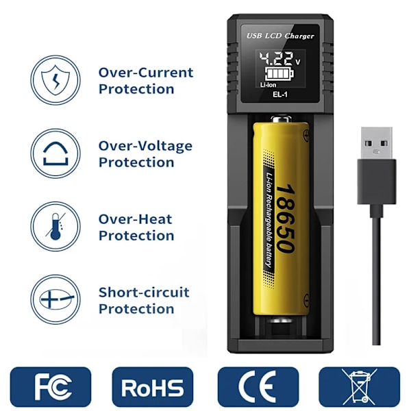 Usb-Lcd-Batteri Smart Laddare 1 / 2 Slots Dual För 18650 3,7V Uppladdningsbart Litiumbatteri För 1,2V I-Mh Aa / Aaa-Batter 1 Slots USB