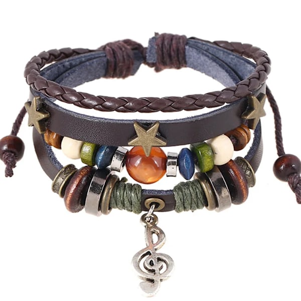 Handgjord Boho Gypsy Hippie Design Brun Läder Stjärna G Clef Note Metal Charms Träkknapp Pärlor Wrap Unisex Justerbart Armband brown leather