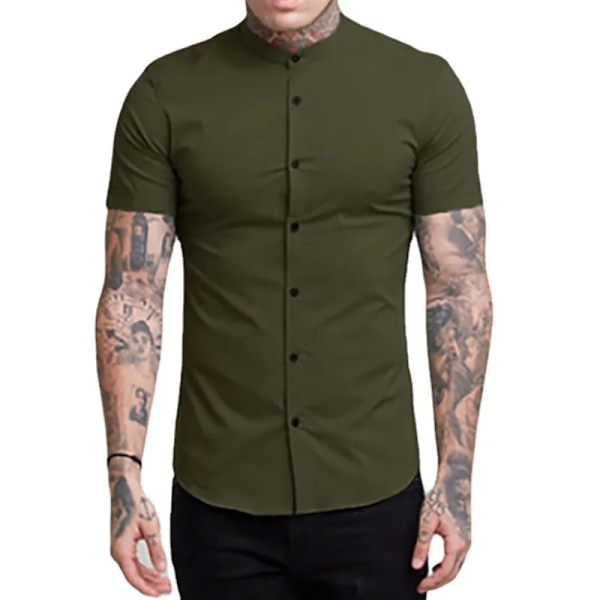 2023 Ny trend Enfärgad skjorta med ståkrage Herrmode Casual Cardigan Kortärmad sommarmuskelskjorta herr GRAY XXXL