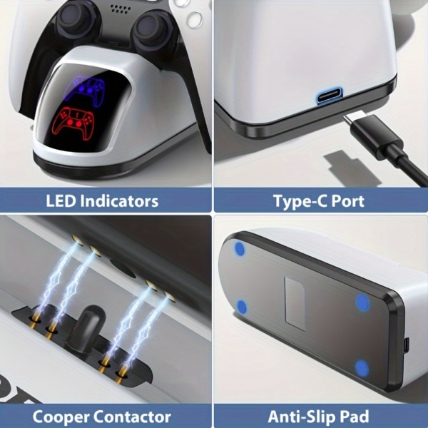 Dubbelkontrollladdare för PS5, USB Snabbladdning Dubbelkontrollladdare för PS4 Controller Speltillbehör med LED-indikator White