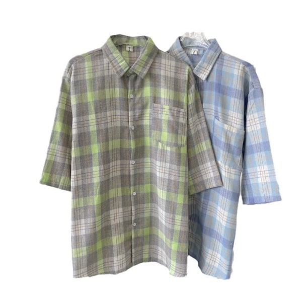 Plaid Tröja Mäns Kortärmade Sommar Tunn Lös Mode Varumärke Tröja Hong Kong Style Japanska Fritid Underkläder Cot Att Män Green M