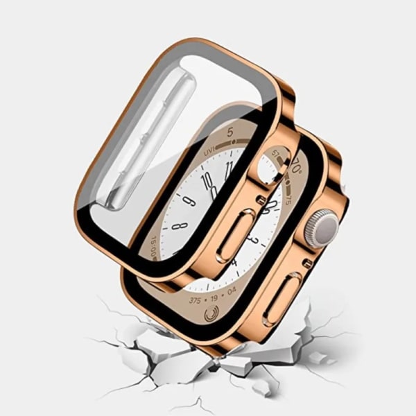 Glas+ case för Apple Watch 7 8 45 mm 41 mm 44 mm 40 mm PC rak kant Härdat cover iWatch series 4 5 SE 6 7 8 Rose gold 13 Series 7-8 41mm