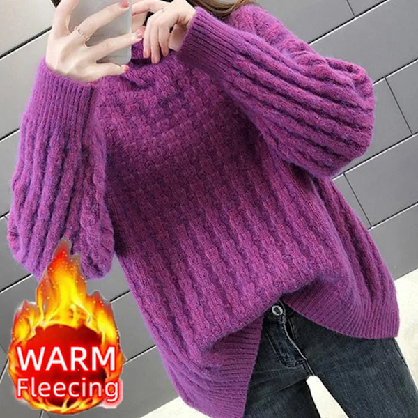 Turtleneck Vinter Tröja Kvinnor Elegant Tjocka Velvet Fodrad Varm Sueter Fleece Stickade Pullover Slim Top Jersey Hoppar Sticka Ar B0803-Thick-Purple S