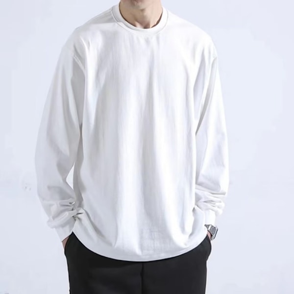 Syksyn Plus-kokoinen pitkähihainen T-paita Miehille Hong Kong Style Trendikäs Merkki Muodikas Top Casual Pyöreä Pohja Paita Ohut Sisäinen T-paita Pure Cotton 200G White 4XL