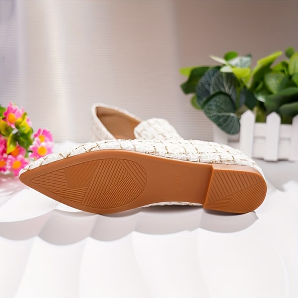 Plattor i rutigt mönster för kvinnor, Slip On Mjuk sula Bekväma skor med liten mun, lätta spetsbaletter Beige White CN240(EU38)