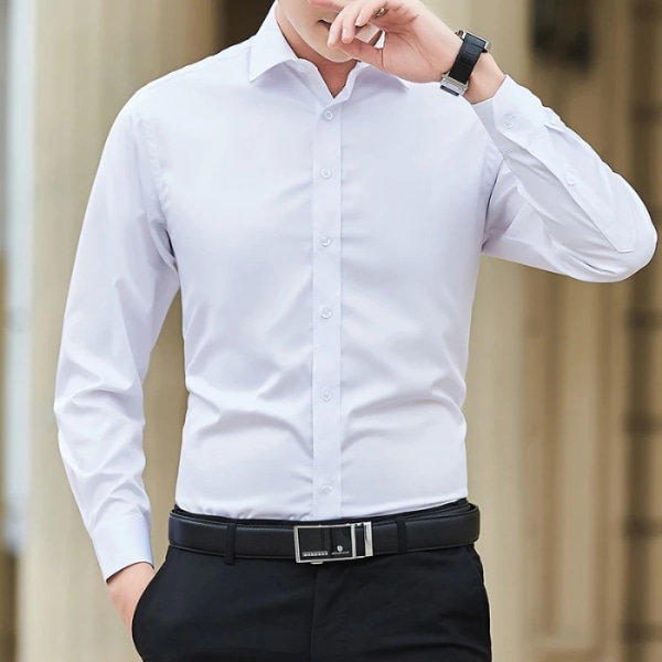 Affärsklänning herrskjorta enfärgad långärmad casual vit skjorta man stor storlek Klassisk arbets OL-topp White Asia L