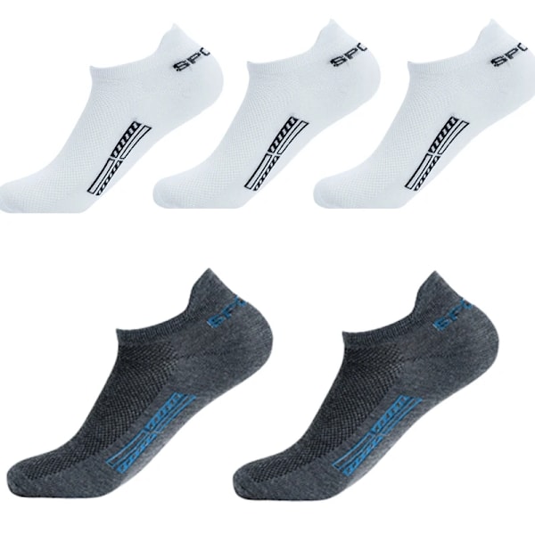 5 Par / Lot Høj Kvalitet Mænd Ankel Strømper Åndbar Bomuld Sport Mesh Casual Atlet Sommer Tynd Cut Cut Short Sokken Socken Plus Størrelse 3 white 2 dark gray EU 38-43