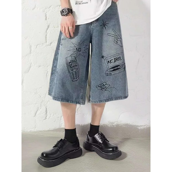 Sommar Män Shorts Hip Hop Pockets Rak Bred Längd Man Målade Harajuku Jeans Baggy Loose Cool Streetwear Korta Byxor Blue M