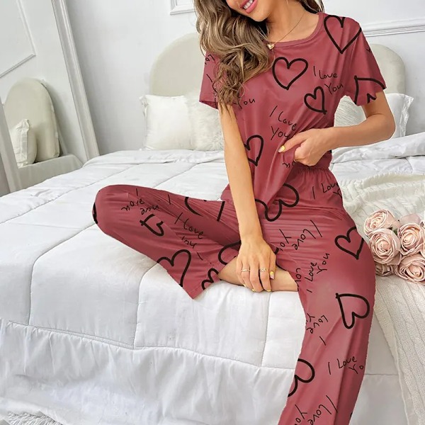 Kvinde Pyjamas Sæt Kort Ærme Skjorte Og Bukser Sovetøj To Stykker Pyjamas Loungewear Nattøj Dame S Pijama Hjem Tøj Tøj Dark Red XL