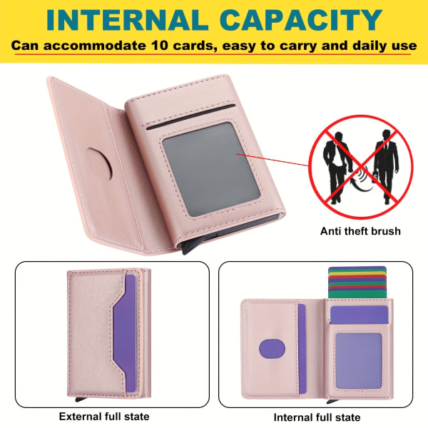 Mode automatisk pop-up kreditkortshållare för damer för män Stöldskydd RFID magnetiskt konstläder aluminiumkortlåda för män Skydda ditt kort Purple