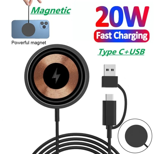 20W Fast Magnetic Trådlös Laddar Pad Stand För iPhone 15 14 13 12 Pro Max USB Typ C Snabbladdningsstation Kabeltillbehör Only Type C Input