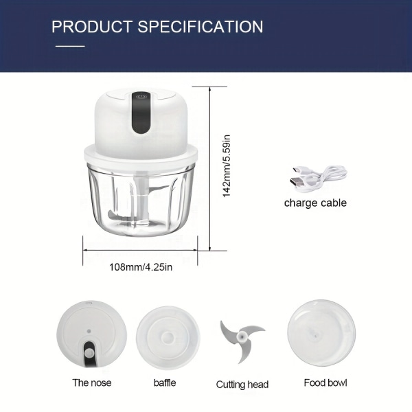 350MLUSBWirelessMulti-functionFoodElektriskGarlicChopper,MiniSmallGarlicMasherMincerCrosserFor PepperChiliNötterKöttkvarnMatbehandlare White 108*108*142mm