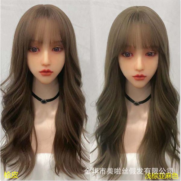 Ny Fashion Solid Farve Langt Krøllet Hår Qi Air Bangs Damer Paryk Lange Bølger Krøller Langt Hårparyk Cold Brown