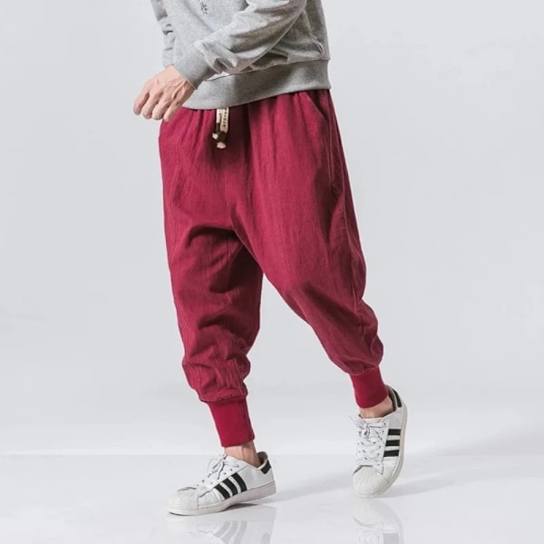 Bomuld Linned Haremsbukser Mænd Streetwear Joggere Nye Baggy Drop-Crotch Bukser Casual Bukser Mænd Løs 46Black US XXXL