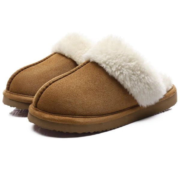 Vinterpälstofflor Kvinnor Män Nytt Mode Inomhus Varmt Mysigt Fuzzy Flats Rutschkanor Varmt Hem Korta plysch Tofflor Mocka Mules Khaki 44-45