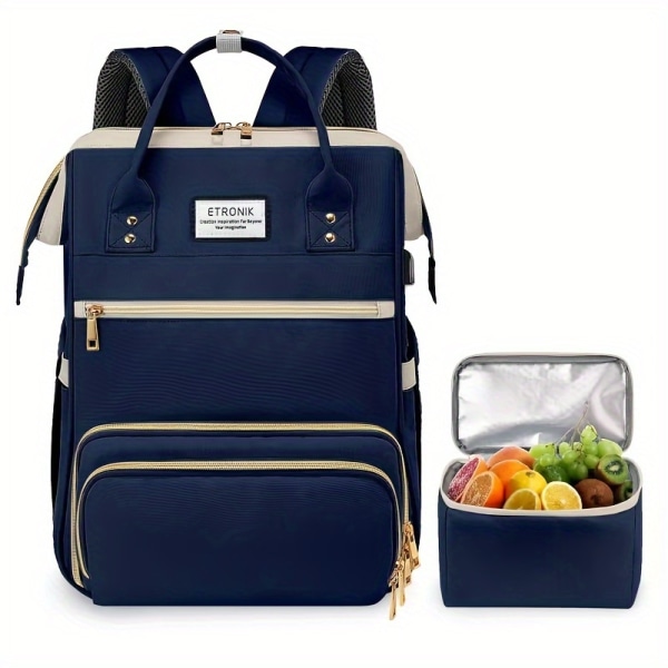ETRONIK Lunchryggsäck för kvinnor, Laptop-ryggsäck med isolerad kylare Lunchbox, Snygg sjuksköterskeryggsäck, Lärararbetsväska med USB port Blue