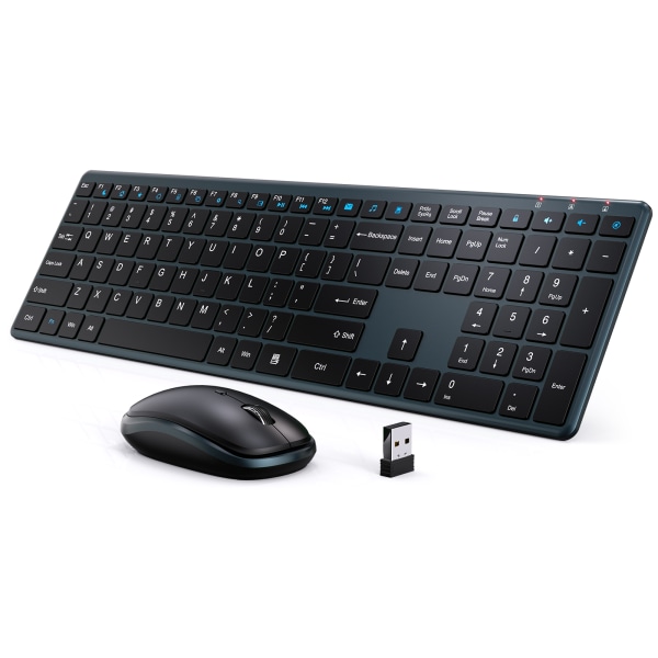 Trådlöst tangentbord och mus, smalt och tyst tangentbord, responsiva och lågprofilstangenter, lutningsvinkel, viloläge, 2,4 GHz USB sladdlös mus Grey Blue
