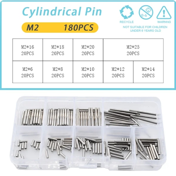 M1 M1.5 M2 M2,5 M3 M4 M5 M6 304 Rostfritt Stål Cylindrisk Stift Axel Solid Fast Metall Fast Låspint M2(180PCS)
