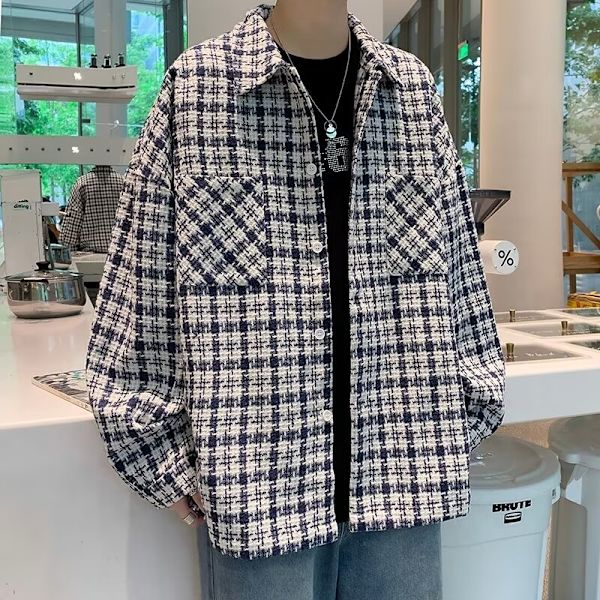 Hong Kong Style Japansk Style Ternet Langærmet Skjorte Mænd Trendy Casual Skjortejakke Forår Og Efterår Mode Mærker Wooler N Rock Til Mænd Blue M