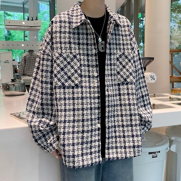 Hong Kong Style Japanska Style Plaid Lång Ärm Skjorta Män Trendig Casual Skjortjacka Våren Och Hösten Mode Märker Wooler N Rock För Män Pink XXXL