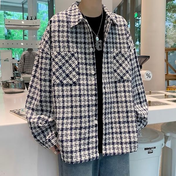 Hong Kong Style Japanska Style Plaid Långärmad Skjorta Män Trendig Casual Skjortjacka Våren Och Hösten Mode Märker Wooler N Rock För Män Blue M