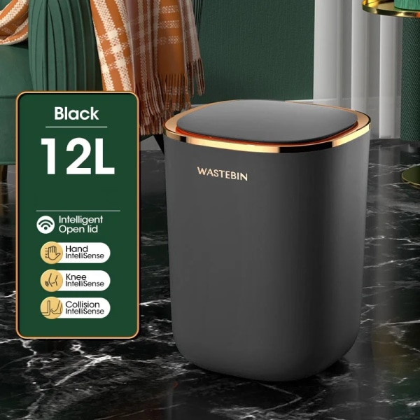 12L automatisk soptunna Badrum Smart Sensor Papperskorgen Lyx soptunna hink för kök Toalett papperskorg Smart Home Black 12L Battery
