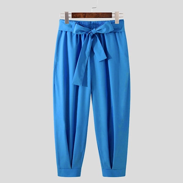 Mäns Baggy Byxor Casual Streetwear Bälte Hög Kvalitet Ren Färg Joggers Mode Harem Byxor 2023 S-3Xl Blue L