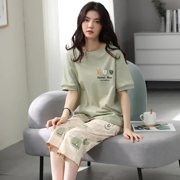 Sommar Damer Pyjamas Loungewear Set Kvinnors Sommar Ärm Kort Skära Byxor Loungewear Tunn Koreanska Casual Två. Chef Inställning 2023-38 M