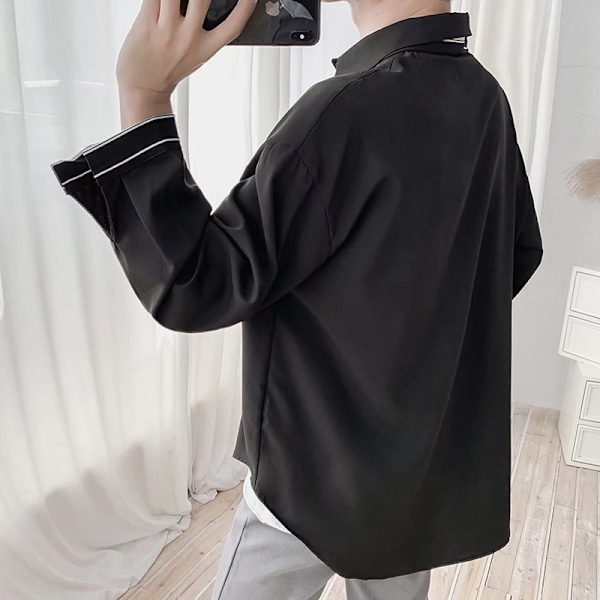 2022 Forår og sommer ny slips skjorte langærmet akademi stil mænds løs hår stylist mode mærke vedhæng trøje plus størrelse Black M