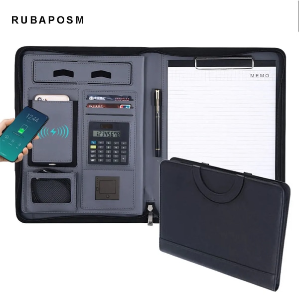 A4 lädermapp Trådlös laddningsportfölj Blixtlåspärm Business Padfolio Organizer Miniräknare 8000mah Power Bank Portfölj Black