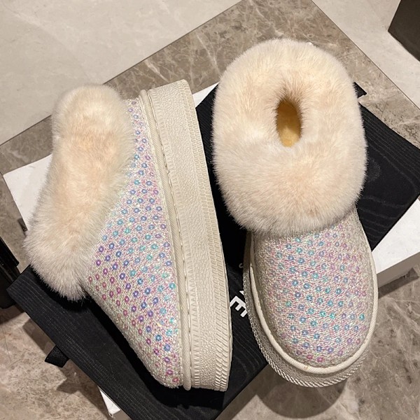 Kvinders Fluffy Faux Pels Sne Støvler Glitter Paljetter Slip På Platform Ankel Støvler Kvinde Tyk Solen Plys Varm Vinterstøvler Mujer Formand Silver 38