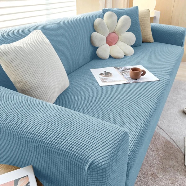 Elastiskt jacquardtyg cover Stretch cover L-formad soffa med överdrag Case för vardagsrum 1/2/3/4 sits Lake Blue L size (185-230cm)