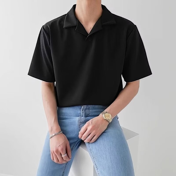 Kubansk Krage Mäns Korta Ärm Toppkläder Vit Sommar Trendy Varumärke Våffle Tunn Lös Casual Draping Kort Ärm Black XXXL