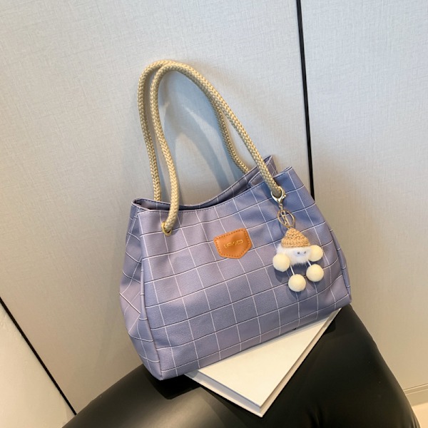 Sød Fashion Ternet Stor Kapacitet Skuldertaske Tote Taske 2024 Populær Niche Ins All-Matching Koreansk Kvinde Taske Blue Ribbon Pendant