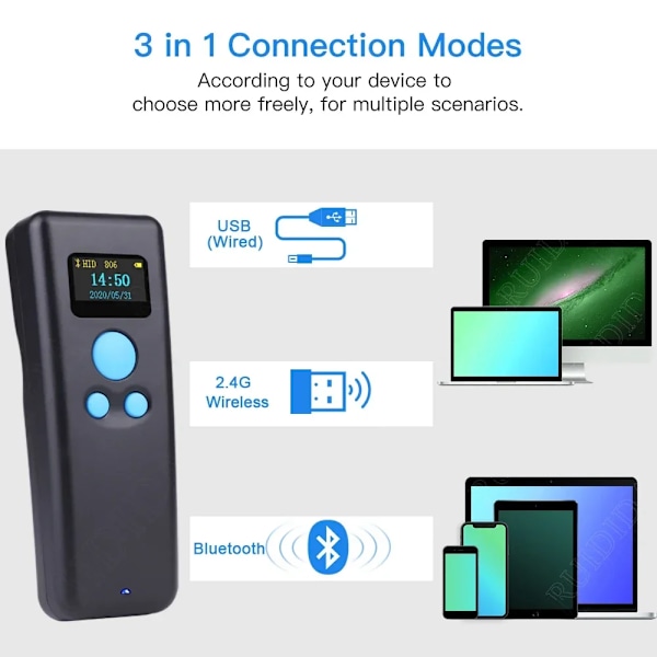 Mini stregkodescanner, bærbar lommestregkodescanner, 1d trådløs scanner, Bluetooth-stregkodescanner, kompatibel med iPad, iPhone og pc R5L