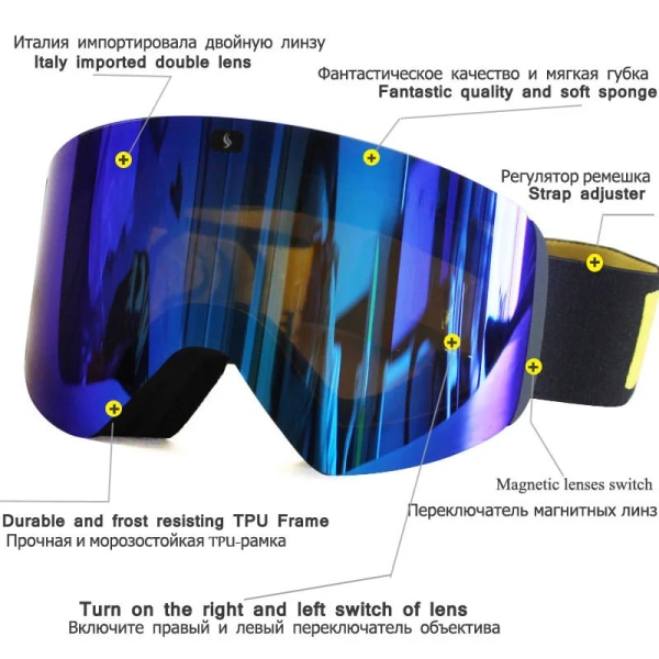 2022 Magnetlins Skidglasögon Dubbellager Polariserad Lens Skidåkning Anti-dim Snowboardglasögon Män Clear Lens Skidglasögon Glasögon Black with Blue