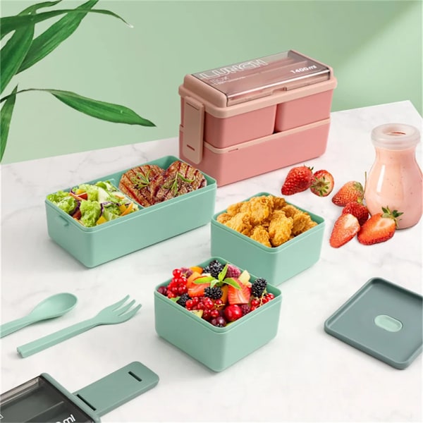 Dubbelskiktad bärbar lunchlåda för barn med gaffel och sked Mikrovågsugn Bento-lådor Servis set Matförvaringsbehållare green and pink 2