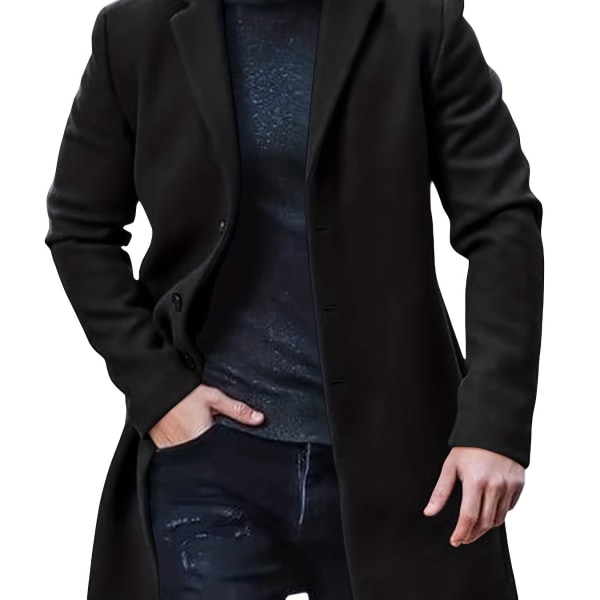 Retro trenchcoat för män, halvformell varm enkelknäppt överrock för höst och vinter Black M(48)