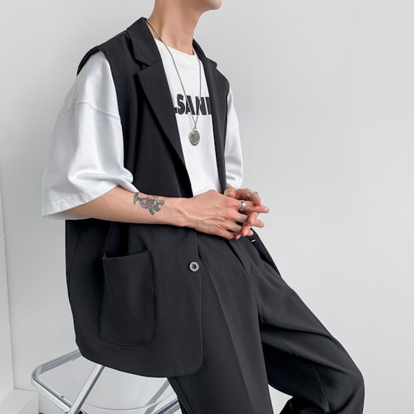 Höstdräkt Mäns Västjacka Mäns Koreansk-Stil Moderiktig Ärmlös Kostym Hong Kong-Stil Loose Wa. Väst Sommare Black M