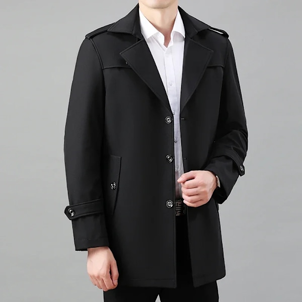 2024 Hög Kvalitet Medium Lång Trench Coat Mäns Vår Och Höst Nya Enkelbröst Storlek Rock Business Casual Coa Överst black 6XL  110kg-120kg