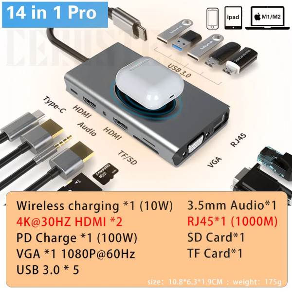 – Station d'accueil HUB USB 3.0 Typ C mot HDMI, adapter USB kompatibel för Macbook Pro Air, ordinator bärbar 8 IN 1