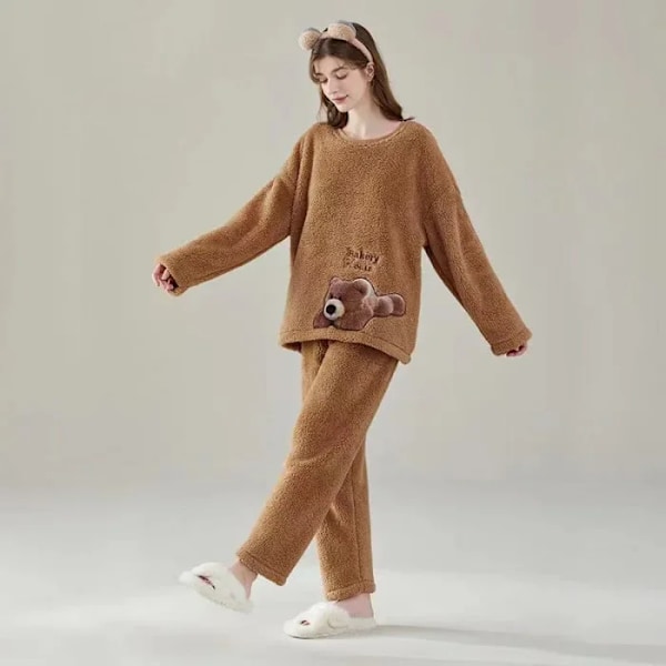 Gränsöverskridande Hösten Vinter Flannel Förtjockade Kvinnors Söta Cartoon Casual Lång Ärm Pullover Pajama Set Home Kläder Ins 13.16 brown bear XXL