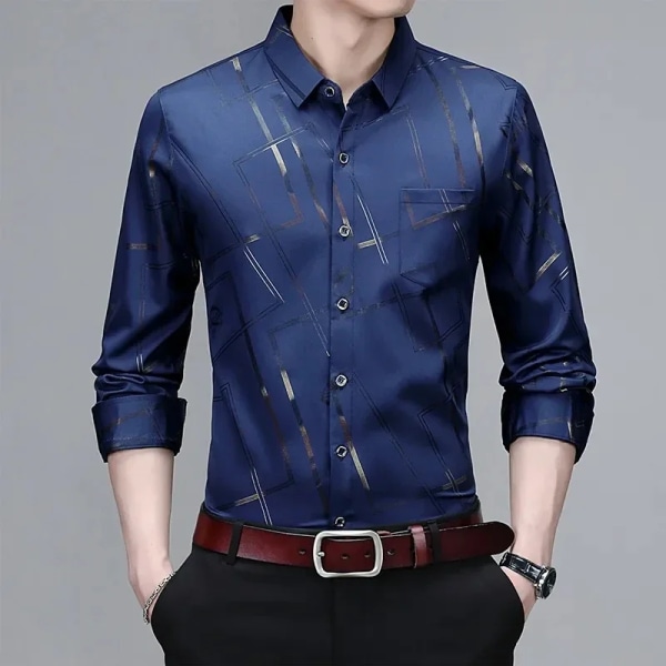 Casual och moderiktig långärmad printed skjorta för män, icke-stryknings- och rynkbeständig affärstopp GRAY M