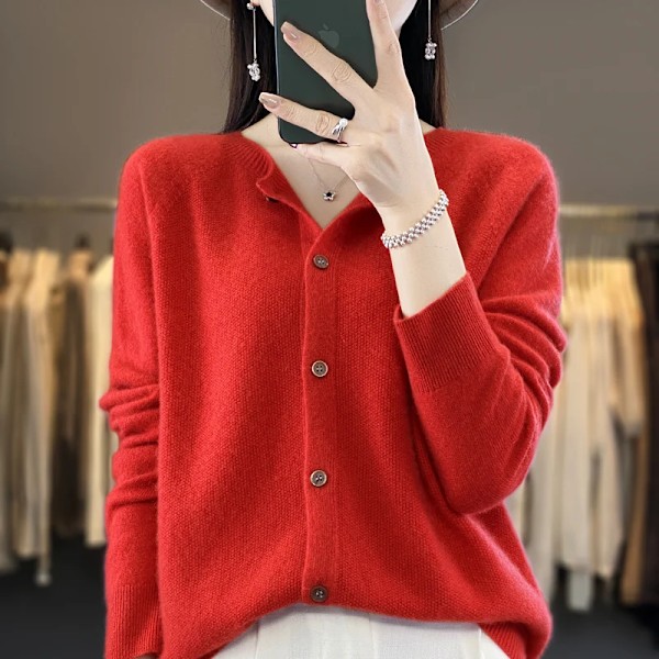 Mode Kvinder 100% Merinould Cardigans Cashmere Sweater Efterår Vinter Rund Hals Langærmet Strik Kvinde Basistøj Toppe Red L