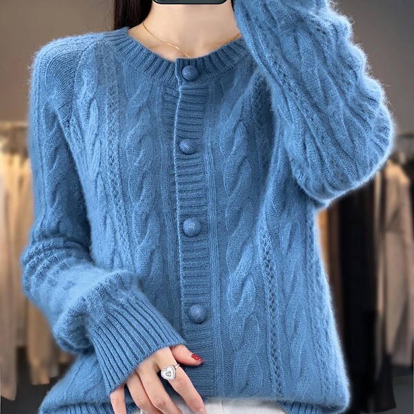 Lhzsyy Hösten Vinter Ny Cashmir Cardigan Kvinnor O-Hals Sticka Rock Tröja Casual Stor Storlek Skjorta Topparna Loose Twist Kvinnlig Jacka Blue XXL