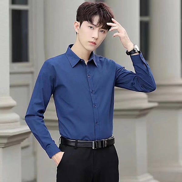 Vaaleanpunainen miesten slim-fit pitkähihainen puku paita miesten korealainen tyyli muodikkaat plus-koko sulhasen bestmanin hääpuku talvi Black L